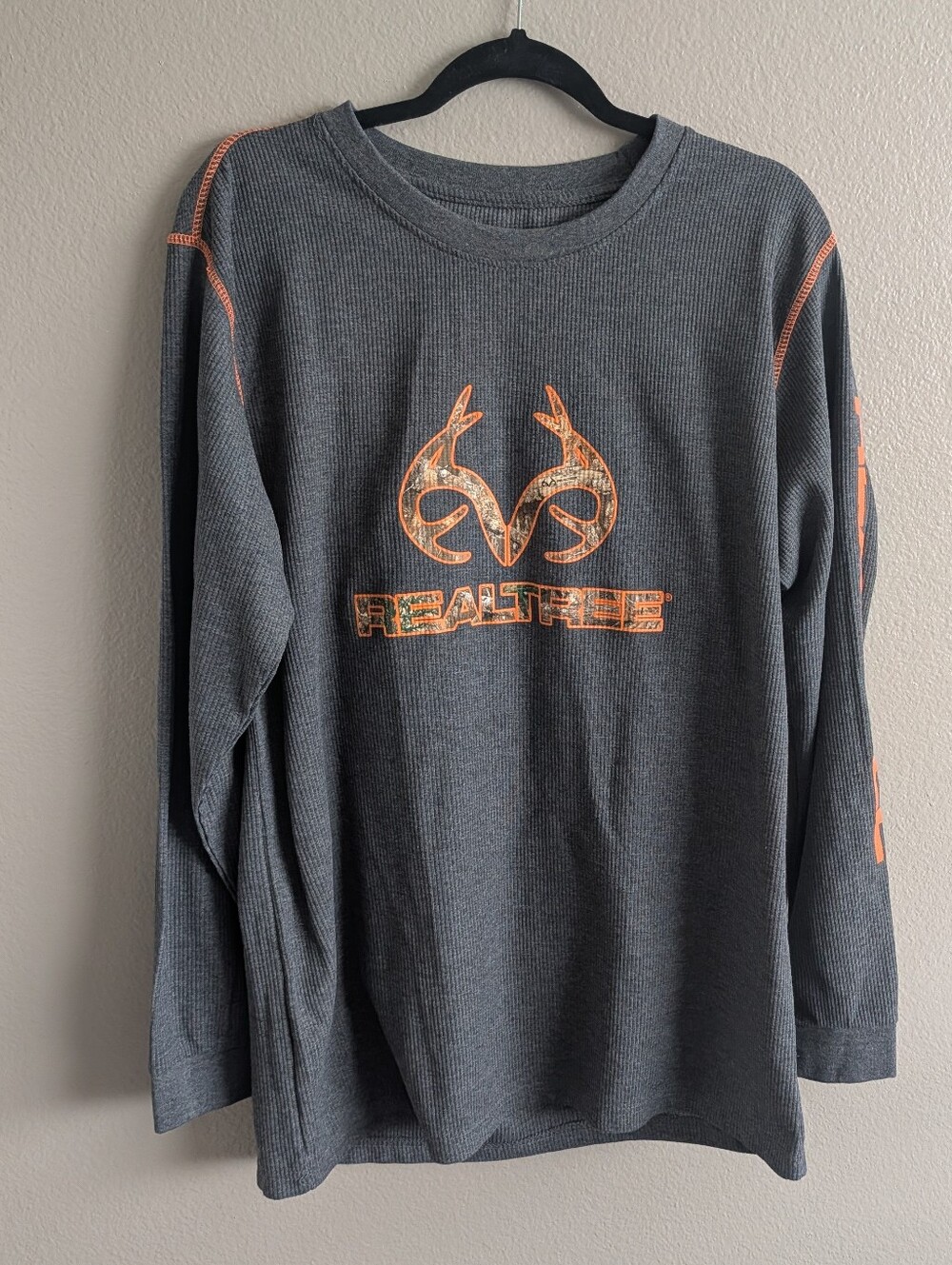 Realtree Thermal Long Sleeve Shirt Gray Orange Antler Logo Size XL Hunting Camo